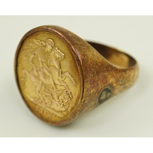 194 - A George V 1918 gold sovereign, in a 9ct gold ring mount, size X/Y, gross weight 12 grams.