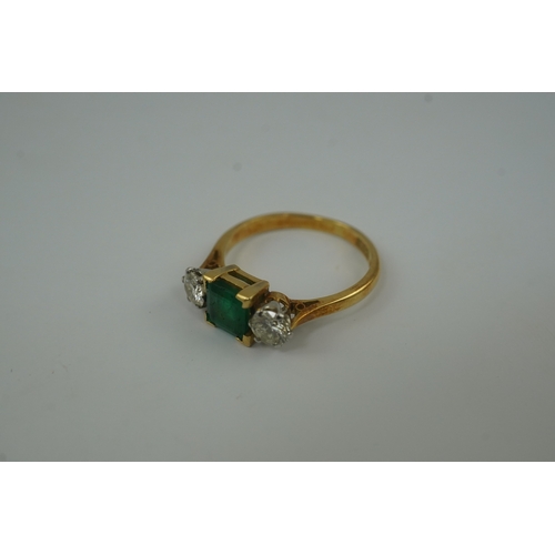 201 - A mid 20th century 18ct gold and platinum, single stone emerald and two stone diamond set ring, size... 