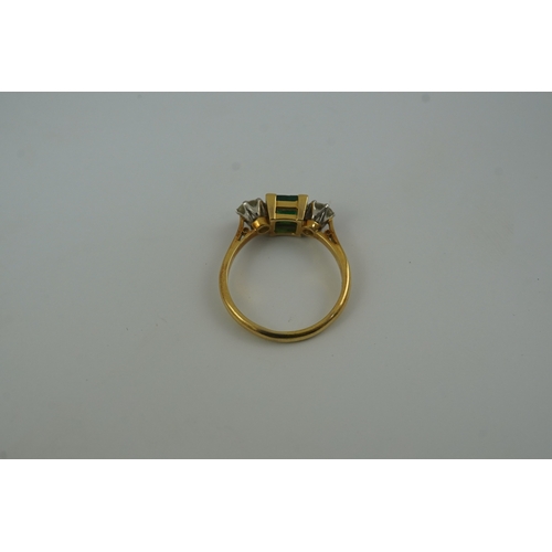 201 - A mid 20th century 18ct gold and platinum, single stone emerald and two stone diamond set ring, size... 