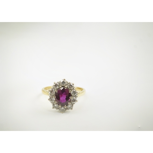 203 - An 18ct gold and platinum, ruby and diamond set oval cluster ring, size N, gross weight 3.6 grams.... 