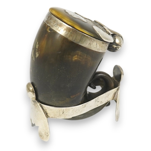 21 - A 19th century Scottish silver mounted horn snuff mull, 7cm, on a silver stand. with engraved inscri... 