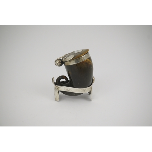 21 - A 19th century Scottish silver mounted horn snuff mull, 7cm, on a silver stand. with engraved inscri... 