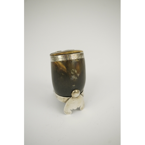 21 - A 19th century Scottish silver mounted horn snuff mull, 7cm, on a silver stand. with engraved inscri... 