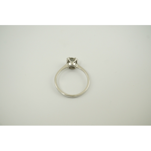 224 - An 18ct white gold and solitaire diamond set ring, the round cut stone weighing approximately 0.80ct... 