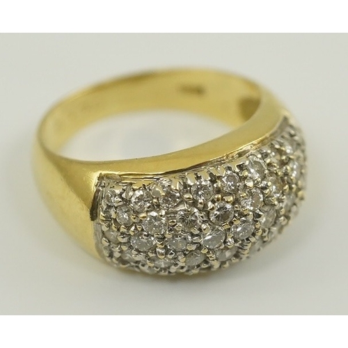 234 - A modern 18k gold and diamond cluster set domed ring, size J/K, gross weight 6.4 grams.