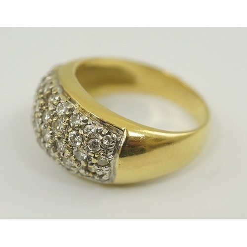 234 - A modern 18k gold and diamond cluster set domed ring, size J/K, gross weight 6.4 grams.