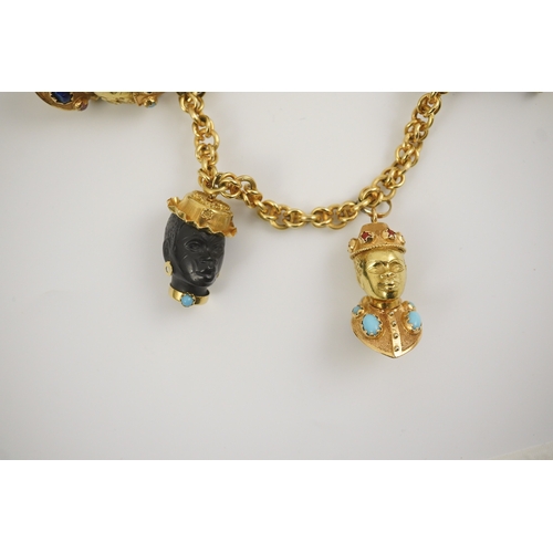 243 - A late 20th century Italian 18k gold charm bracelet, hung with six assorted Italian 18k gold and gem... 