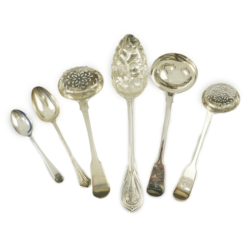 25 - Five Victorian silver 'berry spoons, John Gamage?, Birmingham, 1856, together with eight other silve... 