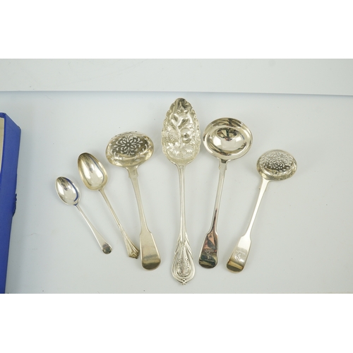 25 - Five Victorian silver 'berry spoons, John Gamage?, Birmingham, 1856, together with eight other silve... 