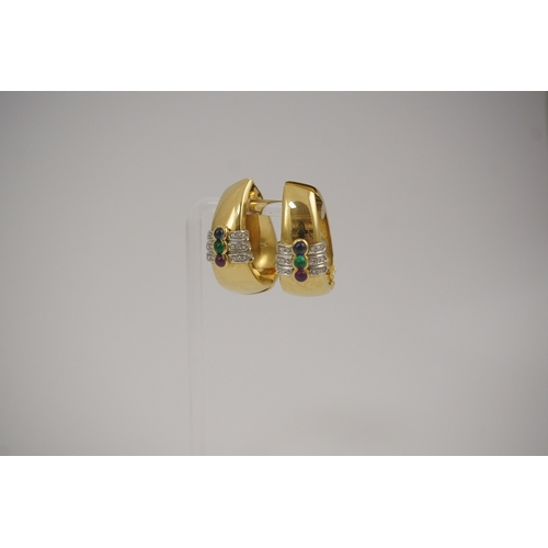 253 - A large modern pair of Mappin & Webb 18ct gold, cabochon ruby, emerald and sapphire and diamond chip... 