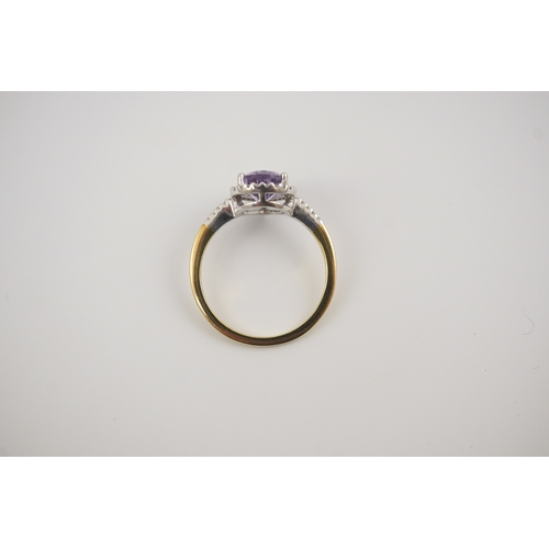 256 - A modern 18ct gold and single stone pear cut amethyst set ring, with diamond chip set border and sho... 