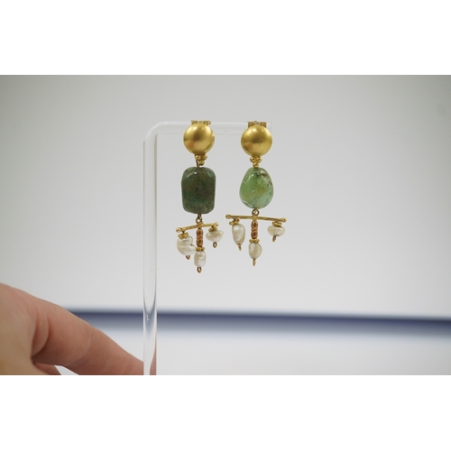 261 - A pair of modern Italian 850 standard gold, jade and pearl set drop earrings, retailed by Massimo Ma... 