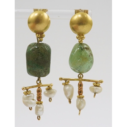 261 - A pair of modern Italian 850 standard gold, jade and pearl set drop earrings, retailed by Massimo Ma... 