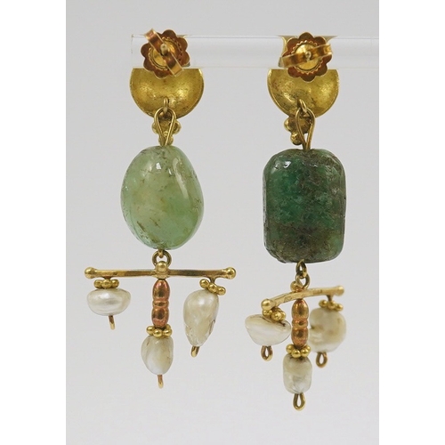 261 - A pair of modern Italian 850 standard gold, jade and pearl set drop earrings, retailed by Massimo Ma... 