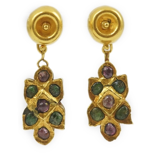 262 - A pair of modern Italian Indian style 18k gold and cabochon gem set cluster drop earrings, retailed ... 