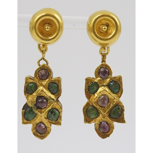 262 - A pair of modern Italian Indian style 18k gold and cabochon gem set cluster drop earrings, retailed ... 