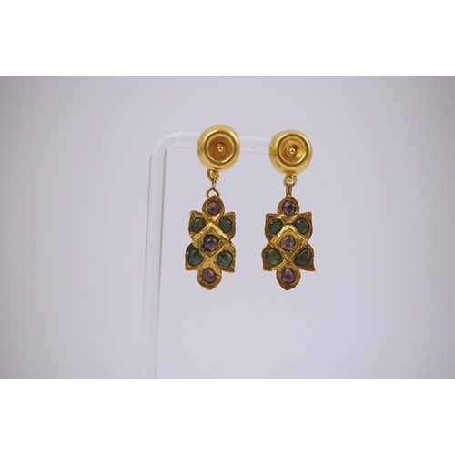 262 - A pair of modern Italian Indian style 18k gold and cabochon gem set cluster drop earrings, retailed ... 