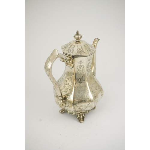 27 - A Victorian engraved silver coffee pot, by John Welby, of octagonal baluster form, on four scroll fe... 