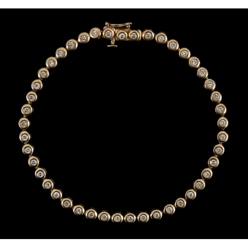 270 - A modern gold and forty five stone round cut diamond set tennis bracelet, 19cm, gross weight 10.3 gr... 