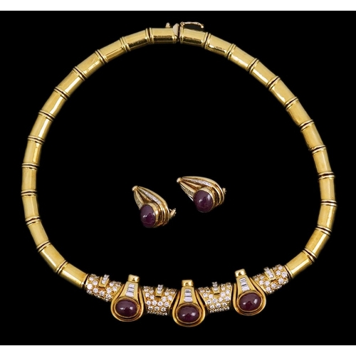 275 - A modern 18k gold, cabochon ruby, round and baguette cut diamond cluster set torque  necklace and a ... 