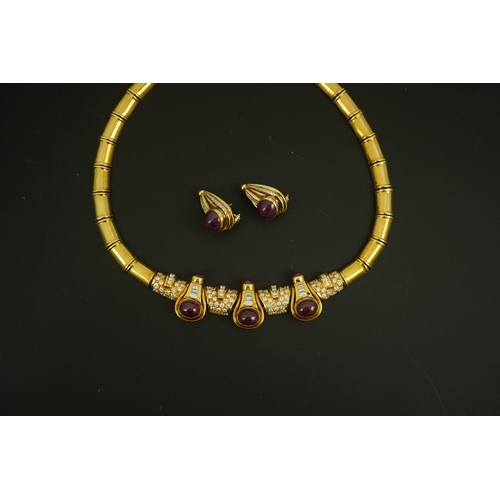 275 - A modern 18k gold, cabochon ruby, round and baguette cut diamond cluster set torque  necklace and a ... 