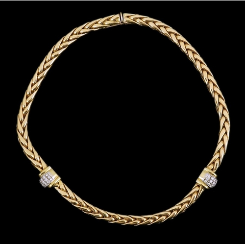 277 - A modern Mappin & Webb 18ct gold interwoven link necklace, with two pave set diamond bands, 42.5cm, ... 