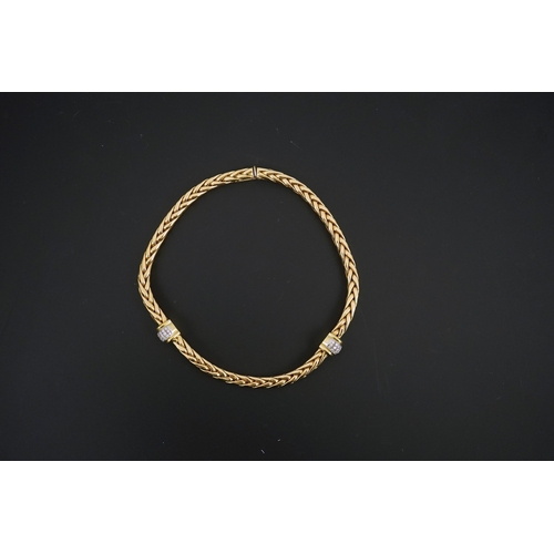 277 - A modern Mappin & Webb 18ct gold interwoven link necklace, with two pave set diamond bands, 42.5cm, ... 