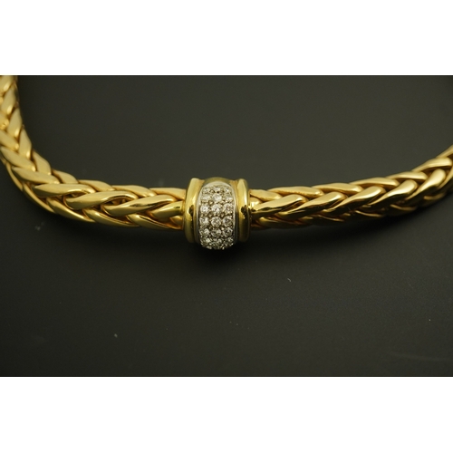 277 - A modern Mappin & Webb 18ct gold interwoven link necklace, with two pave set diamond bands, 42.5cm, ... 