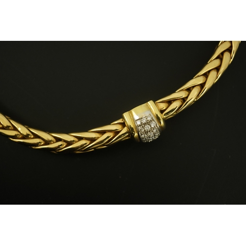 277 - A modern Mappin & Webb 18ct gold interwoven link necklace, with two pave set diamond bands, 42.5cm, ... 