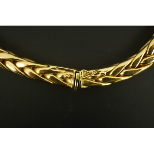 277 - A modern Mappin & Webb 18ct gold interwoven link necklace, with two pave set diamond bands, 42.5cm, ... 