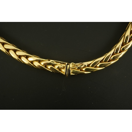 277 - A modern Mappin & Webb 18ct gold interwoven link necklace, with two pave set diamond bands, 42.5cm, ... 