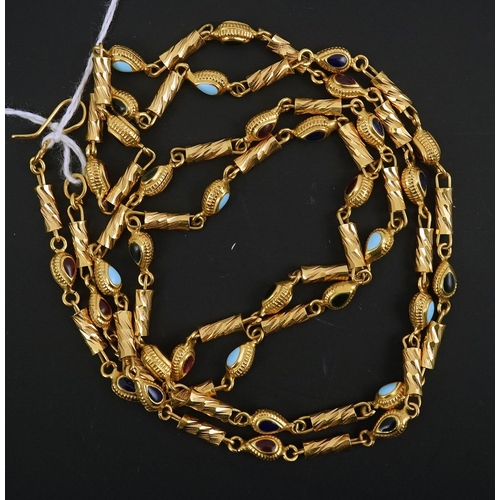 282 - A modern Middle Eastern gold and polychrome enamel set necklace, with bright cut engraved links, 92c... 