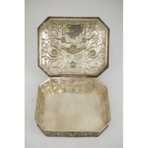 3 - A 17th century style Continental silver casket, embossed with Reynold's Angels amongst scrolls and e... 