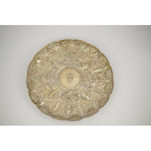 30 - A late 19th/early 20th century Portuguese 833 standard embossed silver shallow dish, decorated with ... 