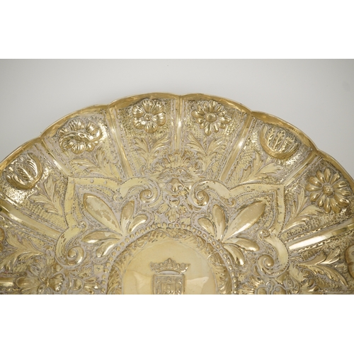 30 - A late 19th/early 20th century Portuguese 833 standard embossed silver shallow dish, decorated with ... 