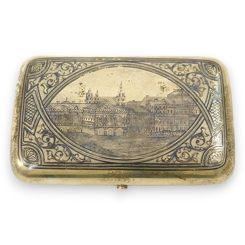 33 - A late 19th century Russian 84 zolotnik and niello cigarette case, assay master A. Romanov, master I... 