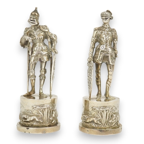 41 - Two similar late 19th/early 20th century Hanau? silver miniature model Knights, makers mark HT, with... 