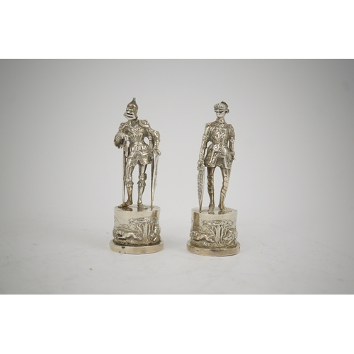 41 - Two similar late 19th/early 20th century Hanau? silver miniature model Knights, makers mark HT, with... 