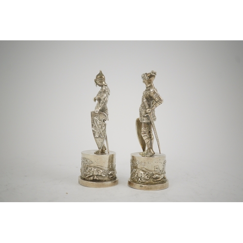 41 - Two similar late 19th/early 20th century Hanau? silver miniature model Knights, makers mark HT, with... 