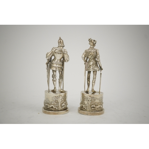 41 - Two similar late 19th/early 20th century Hanau? silver miniature model Knights, makers mark HT, with... 