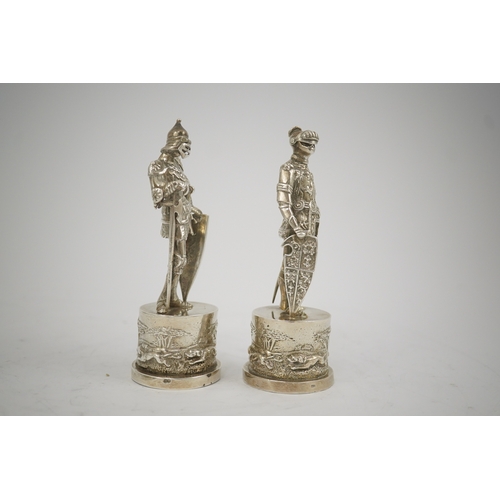 41 - Two similar late 19th/early 20th century Hanau? silver miniature model Knights, makers mark HT, with... 