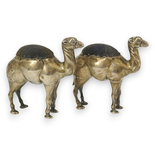 43 - A pair of Edwardian novelty silver pin cushions, each modelled as a camel, by Adie & Lovekin Ltd, Bi... 