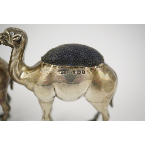 43 - A pair of Edwardian novelty silver pin cushions, each modelled as a camel, by Adie & Lovekin Ltd, Bi... 