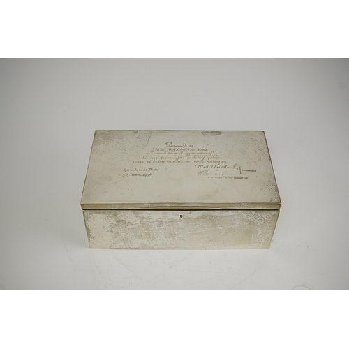 44 - A large Edwardian silver rectangular cigar box, by Mappin & Webb, with later engraved presentation i... 