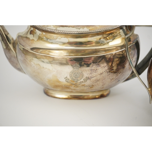 47 - An Edwardian silver teapot and a matching sugar bowl, with engraved inscription, relating to the Roy... 