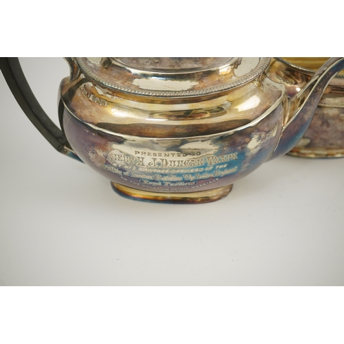 47 - An Edwardian silver teapot and a matching sugar bowl, with engraved inscription, relating to the Roy... 