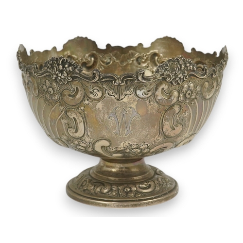 49 - An Edwardian repousse silver rose bowl, by Hawksworth, Eyre & Co, with fluted and foliate scroll dec... 