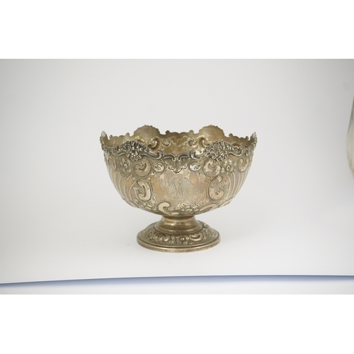 49 - An Edwardian repousse silver rose bowl, by Hawksworth, Eyre & Co, with fluted and foliate scroll dec... 