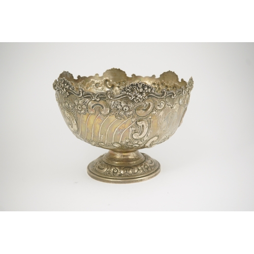 49 - An Edwardian repousse silver rose bowl, by Hawksworth, Eyre & Co, with fluted and foliate scroll dec... 