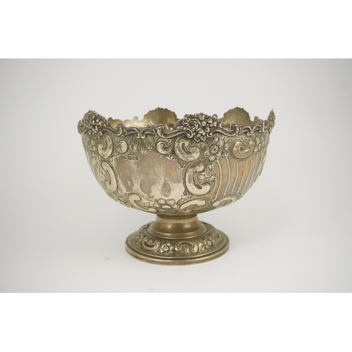 49 - An Edwardian repousse silver rose bowl, by Hawksworth, Eyre & Co, with fluted and foliate scroll dec... 